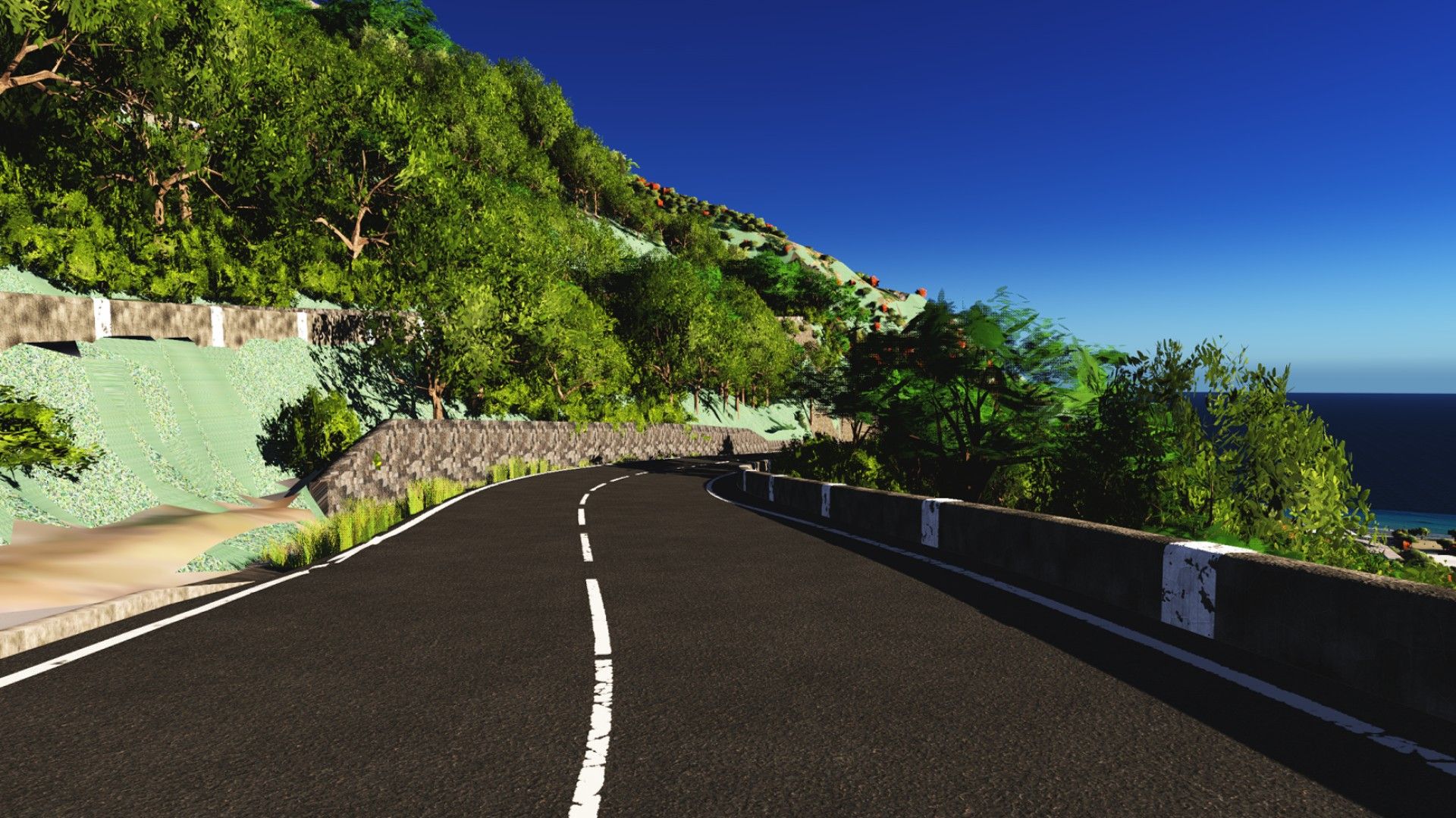 In-game render: Approaching hairpin 5, facing the sea, km 2.3