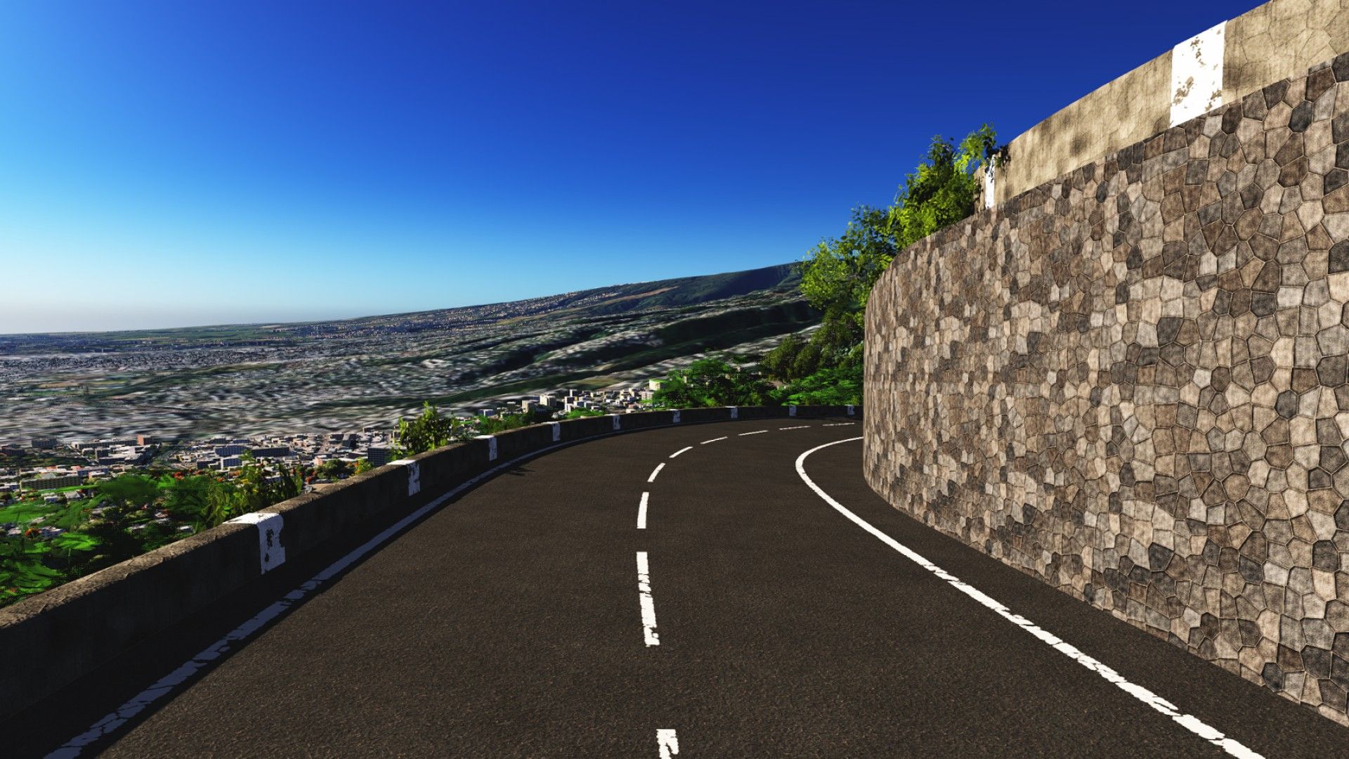 In-game render: Hairpin 8, basalt wall, km 3.4