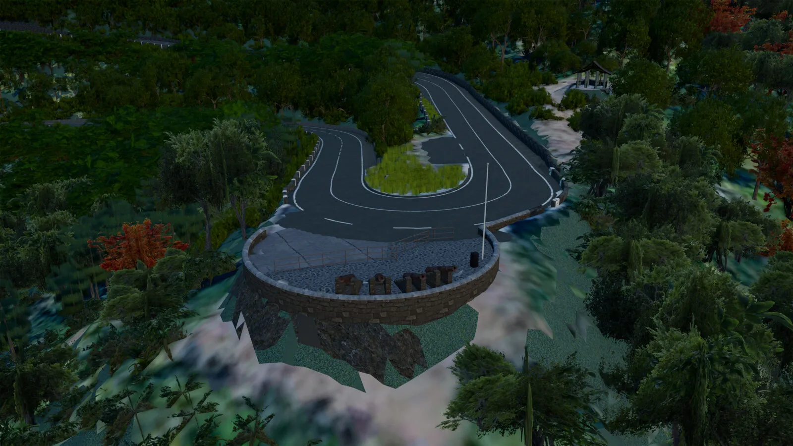 Drone view of the Quatre Canons viewpoint hairpin