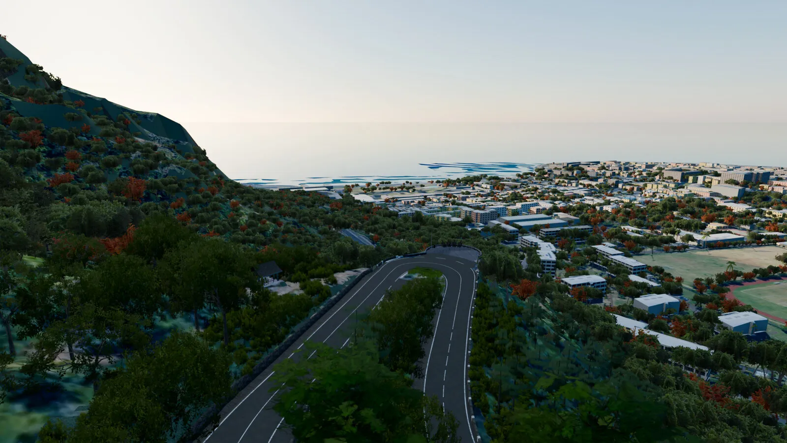 The switchbacks below the cliff, Saint-Denis and the sea below